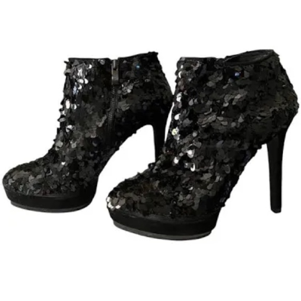 VINCE CAMUTO Sequined Disco Stiletto Bootie-Sz9.5-Jet Black